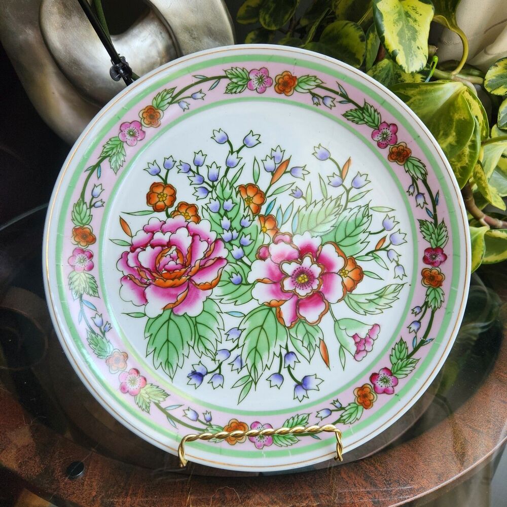 Vtg 1960s Style Pink Peony Chinoiserie Hand Painted Raised Floral Deco Plate 10"